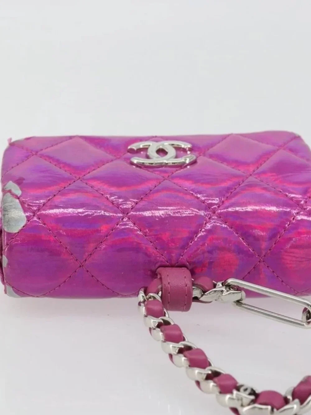 CHANEL Matelasse Carabiner Pouch Patent leather Pink Silver CC Auth YKZ1380A